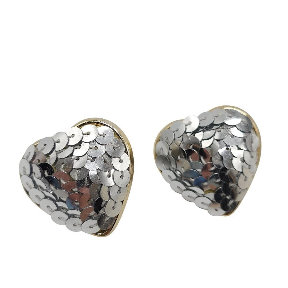 Vintage 1980s Heart Shaped Gold-Tone Post Back Earrings With Silver Sequin